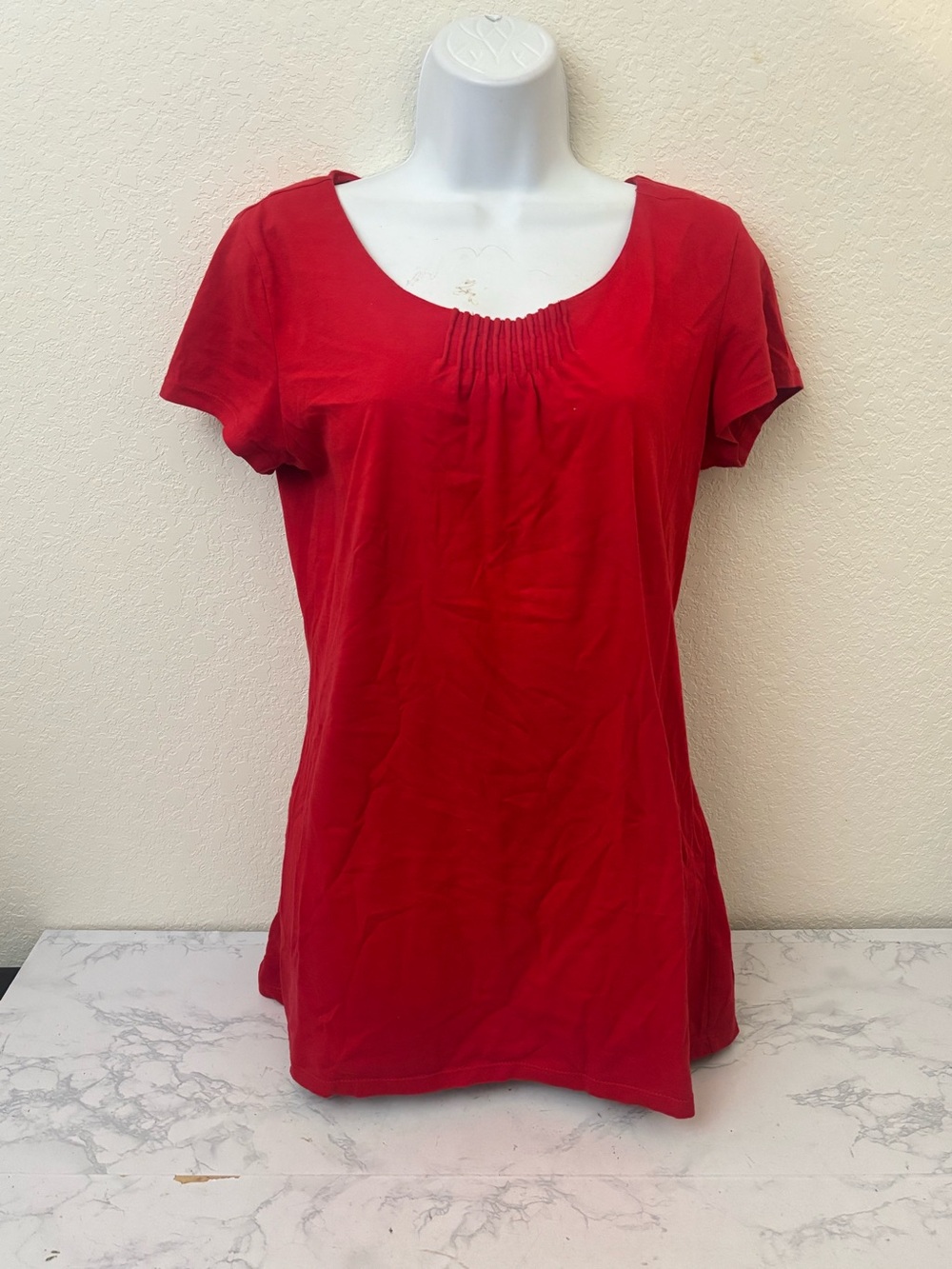 Style & Co Top Boho Peasant Short Sleeve Womens S Red Pullover Ruffle Pleated